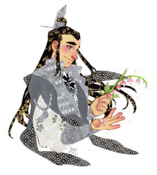 1boy black_hair bleeding_heart_(flower) bracer brown_eyes chinese_clothes closed_mouth collared_robe commentary cropped_torso english_commentary floral_print flower geometric_pattern grey_hanfu grey_robe hair_ornament holding holding_flower long_hair long_sleeves male_focus paper_cutout_(medium) papercraft_(medium) patterned_hair pink_flower print_robe profile renzha_fanpai_zijiu_xitong robe sad sidelocks signature silver_trim simple_background smile solo topknot unconventional_media upper_body white_background wistful xiao_guan_(headdress) yue_qingyuan yutaan