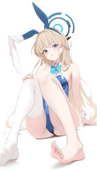 1girl absurdres animal_ear_hairband animal_ears blonde_hair blue_archive blue_bow blue_bowtie blue_eyes blue_hairband blue_halo blue_leotard bow bowtie braid breasts cleavage detached_collar earrings fake_animal_ears hair_intakes hairband half_up_braid halo highres jewelry kanketsu25 knees_up leotard long_hair looking_at_viewer medium_breasts official_alternate_costume official_alternate_hairstyle playboy_bunny rabbit_ear_hairband rabbit_ears simple_background single_thighhigh sitting solo strapless strapless_leotard stud_earrings thighhighs thighs toenails toes toki_(blue_archive) toki_(bunny)_(blue_archive) white_background white_thighhighs white_wrist_cuffs wrist_cuffs