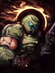 Rule 34 | 1boy, absurdres, armor, assault visor, doom (series), doom eternal, doomguy, double-barreled shotgun, grey visor, gun, highres, looking at viewer, male focus, mihael milanovic, muscular, muscular male, praetor suit, shotgun, space marine, weapon