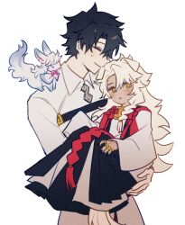 2boys aged_down animal animal_on_shoulder braid carrying carrying_person chaldea_logo chaldea_uniform closed_eyes collared_shirt creature cropped_torso dark-skinned_male dark_skin facing_another fate/grand_order fate_(series) fou fujimaru_ritsuka_(male) full_body jewelry long_hair long_sleeves looking_at_another looking_to_the_side multiple_boys multiple_rings myg_8028 ring shirt short_hair simple_background single_braid smile solomon_(fate) sweatdrop tassel white_background white_hair yellow_eyes