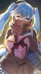 Rule 34 | 1girl, absurdres, blue hair, blush, box, brown gloves, brown jacket, brown scarf, closed eyes, fur trim, gift, gift box, gloves, hair between eyes, hatsune miku, heart-shaped box, highres, holding, holding box, jacket, long hair, looking at viewer, mire esan, scarf, scarf over mouth, sidelocks, snow, solo, twintails, upper body, vocaloid