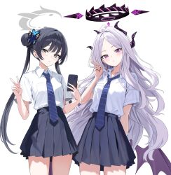 2girls absurdres ahoge alternate_costume arm_behind_back black_halo black_skirt blue_archive blue_necktie breast_pocket bun_with_braided_base closed_mouth collared_shirt commentary_request demon_girl demon_horns demon_wings diagonal-striped_clothes diagonal-striped_necktie double_bun grey_eyes grey_halo hair_bun hair_intakes halo hand_up head_tilt hidis0086 highres hina_(blue_archive) holding holding_phone horns kisaki_(blue_archive) long_hair looking_at_viewer low_wings matching_outfits multiple_girls multiple_horns necktie phone pleated_skirt pocket purple_eyes purple_wings school_uniform shirt shirt_tucked_in short_sleeves simple_background skirt striped_clothes striped_necktie twintails v white_background white_hair white_shirt wings