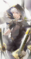 1boy belt black_belt black_capelet black_gloves black_pants black_shirt capelet clenched_teeth cowboy_shot cross earrings eyes_visible_through_hair gloves hair_over_eyes highres holding holding_cross hood hooded_capelet hoop_earrings inukai_shirou jewelry katana looking_at_viewer male_focus necklace orient_(series) pansyke pants parted_bangs shirt short_hair smile solo sword teeth weapon white_hair yellow_eyes