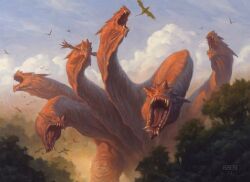 chris_rahn cloud commentary day dragon english_commentary flying horns hydra magic:_the_gathering monster multiple_heads no_humans official_art oil_painting_(medium) open_mouth outdoors painting_(medium) sharp_teeth teeth third-party_source traditional_media tree wyvern