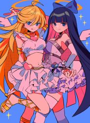 Rule 34 | 1boy, :p, ahoge, ankle lace-up, arm behind head, bare shoulders, blonde hair, blue background, blue bow, blue eyes, blue hair, blunt bangs, blunt ends, bow, breasts, closed mouth, colored inner hair, crop top, cropped shirt, detached sleeves, feet out of frame, frilled skirt, frills, gold sandals, hair between eyes, hair bow, halo, long hair, looking at viewer, medium breasts, midriff, multicolored hair, navel, panty &amp; stocking with garterbelt, panty (psg), pink hair, sanamaru (sana79261827), sandals, shirt, simple background, skirt, sleeveless, sleeveless shirt, smile, sparkle, standing, stocking (psg), thighhighs, tongue, tongue out, traditional halo, v, very long hair, white shirt, white skirt, white sleeves, white thighhighs