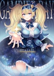 Rule 34 | 1girl, blonde hair, blue dress, blue eyes, blue hairband, blue shirt, breasts, character name, commentary request, dated, dress, feet out of frame, foreshortening, frilled hairband, frills, gambier bay (kancolle), hairband, highres, kantai collection, large breasts, long hair, nagi kantai114, reaching, reaching towards viewer, shirt, solo, space print, sparkle, starry sky print, twintails