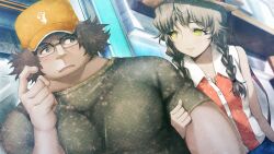 1boy 1girl akihabara_(tokyo) alternate_costume amane_suzuha beret blue_skirt blush braid brown_hair brown_ribbon day dutch_angle fat fat_man father_and_daughter fingernails game_cg green_shirt hair_between_eyes hair_tie hand_up hashida_itaru hat hat_ribbon highres huke leaning_forward locked_arms looking_at_another miniskirt nervous non-web_source official_art open_collar outdoors red_shirt ribbon ringed_eyes shiny_lips shiny_skin shirt short_sleeves skirt sleeveless sleeveless_shirt smile square_pupils steins;gate steins;gate:_linear_bounded_phenogram sun_hat t-shirt twin_braids twintails white_shirt yellow_eyes yellow_hat