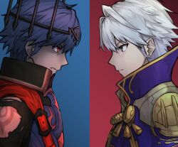 2boys armor blue_background blue_hair brand_of_the_exalt brown_eyes chrom_(fell_exalt)_(fire_emblem) chrom_(fire_emblem) closed_mouth commentary_request crown dark_persona fire_emblem fire_emblem_awakening fire_emblem_cipher fire_emblem_heroes from_side highres male_focus male_robin_(exalt&#039;s_other_half)_(fire_emblem) male_robin_(fire_emblem) multiple_boys nintendo red_background red_eyes serious shaded_face short_hair shoulder_armor two-tone_background white_hair zuzu_(ywpd8853)