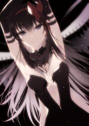 1girl akemi_homura akuma_homura armpits arms_up black_dress black_eyes black_gloves black_hair bow breasts closed_mouth dress elbow_gloves gloves hair_bow hairband highres long_hair mahou_shoujo_madoka_magica mahou_shoujo_madoka_magica:_hangyaku_no_monogatari misteor plunging_neckline red_bow red_hairband smile solo strapless strapless_dress very_long_hair