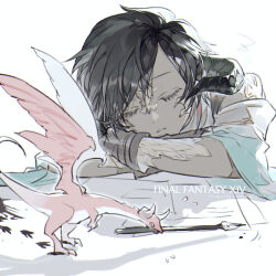 1boy au_ra azdaja_(ff14) black_hair brother_and_sister closed_eyes copyright_name dragon dragon_horns final_fantasy final_fantasy_xiv flying_sweatdrops horns hug_ff14 male_focus mouth_hold nib_pen_(object) parted_lips pen scales short_hair siblings sleeping small_dragon varshahn white_background