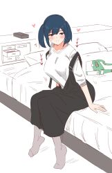 1girl absurdres bag bed black_dress blue_eyes blue_hair dress full_body grey_socks hatsukaze_(kancolle) highres kantai_collection official_alternate_costume one-hour_drawing_challenge shirt short_twintails smile socks solo souryuu_(kancolle) souryuu_(kure)_(kancolle) strap_slip twintails watashitachino_kareshi white_shirt