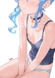 1girl absurdres artist_name asymmetrical_sidelocks between_legs blue_camisole blue_choker blue_hair blue_tank_top blush breasts camisole choker closed_mouth collarbone commentary diptip english_commentary grey_panties hand_between_legs head_out_of_frame highres hololive hoshimachi_suisei medium_hair no_bra no_pants panties side_ponytail signature simple_background sitting small_breasts solo sweatdrop tank_top thighs underwear virtual_youtuber white_background
