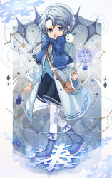 1boy :d absurdres argyle_clothes argyle_pantyhose bag black_skirt blue_boots blue_coat blue_eyes blue_hair blue_scarf blue_vest boots bow brown_bag coat commentary_request creature creature_on_shoulder curtained_hair footwear_bow full_body fur-trimmed_boots fur_trim highres holding holding_wand huwarinn99 light_blush long_hair long_sleeves looking_at_viewer male_focus on_shoulder open_clothes open_coat open_mouth original pantyhose ribbon-trimmed_sleeves ribbon_trim scarf scarf_bow shoulder_bag skirt smile snowflakes solo vest waistcoat walking wand white_pantyhose