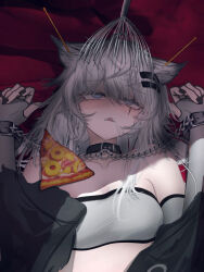 1girl absurdres animal_ear_fluff animal_ears arknights bandeau bare_shoulders black_jacket chain collar collarbone commentary_request ear_cleaning fangs food grey_eyes grey_hair highres jacket lappland_(arknights) long_hair lying mebe_(teadia_violet) mimikaki on_back pineapple_on_pizza pizza restrained revision saliva scalp_massager scar scar_across_eye scar_on_face sharp_teeth solo teeth uncommon_stimulation upper_teeth_only white_bandeau wolf_ears wolf_girl