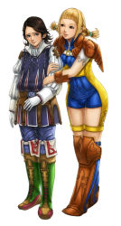 00s 1boy 1girl black_hair blonde_hair blue_eyes braid breasts fayse final_fantasy final_fantasy_xii highres larsa_ferrinas_solidor long_hair penelo pteruges romper skirt twin_braids twintails white_background