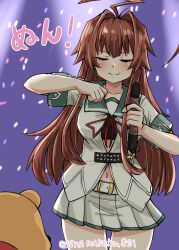 1girl absurdres ahoge aqua_sailor_collar belt black_bra black_sailor_collar blush bra breasts brown_hair dancing green_sailor_collar highres huge_ahoge kantai_collection kitahama_(siroimakeinu831) kuma_(kancolle) kuma_kai_ni_(kancolle) long_hair medium_breasts parody pleated_skirt pooh red_ribbon ribbon sailor_collar sailor_shirt school_uniform serafuku shirt short_sleeves skirt twitter_username underwear white_belt white_shirt white_skirt winnie_the_pooh