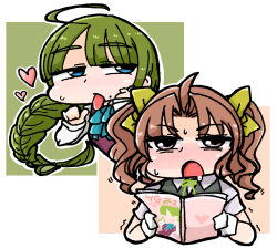 2girls ahoge aqua_bow aqua_bowtie blue_eyes bow bowtie braid brown_eyes collared_shirt commentary_request cyama_land dress_shirt drooling gloves green_hair grey_vest heart kagerou_(kancolle) kantai_collection long_hair manga_(object) mole mole_under_mouth multiple_girls purple_eyes reading ribbon shirt single_braid tongue tongue_out twintails upper_body very_long_hair vest white_gloves white_shirt yellow_ribbon yuugumo_(kancolle)