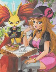 absurdres blonde_hair breasts delphox gen_6_pokemon highres long_hair nintendo pokemon pokemon_xy ravernclouk serena_(pokemon) thighhighs