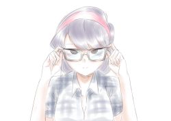 1girl adjusting_eyewear black_eyes black_hair collared_shirt female_focus glasses headband komi-san_wa_komyushou_desu komi_shouko long_hair looking_at_viewer mitsugu plaid_clothes plaid_shirt shirt simple_background smile solo white_background
