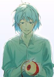 absurdres apple artist_name blue_eyes blue_hair collared_shirt colored_eyelashes cutting esu_kota food fruit highres holding holding_food holding_fruit holding_knife khun_aguero_agnis knife light_smile original shirt solo teeth tower_of_god underlighting white_background white_shirt