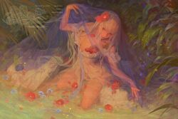 Rule 34 | 024 (1a41a4), 1girl, absurdres, artist name, chinese commentary, commentary, commission, coquelic (path to nowhere), dress, fascinator, flower, hair flower, hair ornament, highres, kneeling, long hair, mihuashi username, off-shoulder dress, off shoulder, path to nowhere, pixiv id, plant, poppy (flower), purple flower, red eyes, red flower, solo, twitter username, water, weibo username, white dress, white hair