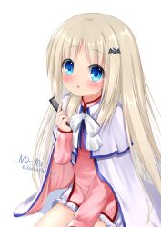 1girl bat_hair_ornament blonde_hair bloomers blue_eyes blush bow bowtie cape comb dress hair_ornament highres holding holding_comb key_(company) kud_wafter kudpoid_(71139) little_busters! long_hair noumi_kudryavka open_mouth pink_dress short_dress simple_background sitting solo surprised twitter_username underwear very_long_hair white_background white_bloomers white_bow white_bowtie white_cape