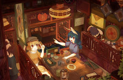 2girls :t absurdres animal_ears barefoot blonde_hair blue_dress blue_hair blush bowl brown_headwear commentary_request cup dango dress drinking_glass ekaapetto flat_cap food hair_between_eyes hat highres indoors kine long_hair looking_at_another mallet midriff mitarashi_dango multi-tied_hair multiple_girls open_mouth orange_shirt plate pointing puffy_short_sleeves puffy_sleeves rabbit_ears red_eyes ringo_(touhou) seiran_(touhou) shirt short_hair short_sleeves shorts smile spoon striped table touhou vertical_stripes wagashi yellow_shorts
