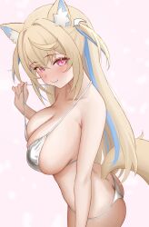 1girl absurdres alternate_costume animal_ear_fluff anyormal bikini blonde_hair blue_streaks blush breasts butt_crack commentary fuwawa_abyssgard highres hololive hololive_english large_breasts long_hair looking_at_viewer micro_bikini pink_eyes solo swimsuit two_side_up virtual_youtuber white_bikini