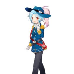 1boy 1girl :d aqua_hair belt black_pants blue_hair blush brown_eyes coat epaulettes fang gloves gradient_hair hat jacket long_hair long_sleeves looking_at_viewer male_focus merueto military military_uniform multicolored_hair non-web_source open_mouth orange_eyes pants pink_hair ponytail red_eyes sapphire_(uchihime) shirt simple_background smile solo standing uchi_no_hime-sama_ga_ichiban_kawaii white_background white_gloves white_hair