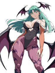 1girl absurdres black_leotard breasts darkstalkers demon_wings genkaiisan_96 green_eyes green_hair head_wings highres leotard long_hair looking_at_viewer morrigan_aensland simple_background solo strapless strapless_leotard white_background wings