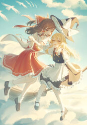 051_ogoli 2girls absurdres apron bird blonde_hair blue_sky bow braid broom brown_eyes brown_hair cloud day detached_sleeves flying hair_bow hair_tubes hakurei_reimu hat hat_bow highres holding_hands kirisame_marisa long_hair multiple_girls nontraditional_miko open_mouth outdoors shoes skirt sky smile socks sunlight touhou witch_hat yellow_eyes yuri