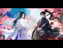 Rule 34 | 2boys, apple, black border, black eyes, black hair, black hanfu, blue sky, blue umbrella, border, carrying over shoulder, cherry blossoms, chinese clothes, closed mouth, cowboy shot, day, donkey, expressionless, falling petals, fishing rod, food, fruit, hair between eyes, hair ornament, hair ribbon, hand on hand, hanfu, headband, high ponytail, holding, holding fishing rod, holding hands, holding umbrella, horseback riding, lan wangji, letterboxed, light particles, lips, long hair, long sleeves, looking at another, male focus, modao zushi, multiple boys, oil-paper umbrella, outdoors, petals, ponytail, red ribbon, ribbon, riding, sky, smile, spring (season), topknot, tree, umbrella, umbrella over shoulder, very long hair, wavy hair, wei wuxian, white hanfu, white headband, wide sleeves, wind, ye dian pikaqiu