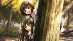 1boy 1girl against_tree behind_tree black_hair black_thighhighs blue_hairband branch brown_eyes brown_hair bush buttoned_cuffs buttons chaos;child chaos;child_love_chu_chu!! collar crossdressing dappled_sunlight day dress forest frilled_collar frills game_cg gold_buttons grass hairband happy highres leaf light_blush light_rays long_hair nature non-web_source official_art open_mouth outdoors path petticoat pink_lips pinstripe_dress pinstripe_pattern plant purple_dress road sasaki_mutsumi shade shirt short_hair smile striped_clothes striped_dress striped_hairband sunlight swept_bangs tachibana_yui tachibana_yuuto teeth thighhighs tongue tree tree_shade under_tree upper_teeth_only vertical-striped_clothes vertical-striped_dress white_petticoat zettai_ryouiki