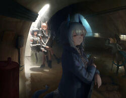 4girls absurdres animal_ears arknights black_socks blonde_hair blue_hair blue_horns brown_hair cat_ears cat_tail commentary dragon_horns dragon_tail drum_(container) english_commentary fox_ears fox_tail franka_(arknights) green_eyes gun headset high_heels highres holding holding_gun holding_weapon horns jessica_(arknights) knee_pads liskarm_(arknights) multiple_girls open_mouth orange_eyes pointy_ears rappelling sewer single_knee_pad skirt socks sword tail twckb vanilla_(arknights) weapon
