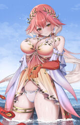 1girl absurdres bare_shoulders blue_sky blush braid breasts changli_(laurel_nymph)_(wuthering_waves) changli_(wuthering_waves) closed_mouth clothes_lift cloud colored_extremities commentary day dress dress_lift english_commentary gradient_clothes gradient_dress hair_between_eyes highres jewelry large_breasts long_hair looking_at_viewer multicolored_hair official_alternate_costume outdoors panties pink_hair red_hands sky smile solo sui1k0 tacet_mark_(wuthering_waves) thighlet thighs underwear very_long_hair wading wet white_panties wuthering_waves yellow_eyes