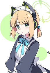 1girl animal_ear_headphones animal_ears apron aqua_bow aqua_bowtie back_bow black_dress blonde_hair blue_archive blush bow bowtie cat_ear_headphones cat_ears cat_tail collared_dress commentary contrast_collar dress fake_animal_ears fake_tail frilled_apron frills green_background green_bow green_eyes green_halo hair_bow halo hayoo_ww headphones highres long_sleeves looking_at_viewer maid maid_apron maid_headdress midori_(blue_archive) midori_(maid)_(blue_archive) official_alternate_costume official_alternate_hairstyle outline parted_bangs parted_lips ponytail puffy_long_sleeves puffy_sleeves short_hair short_ponytail sidelocks simple_background solo tail two-tone_background upper_body v_arms white_apron white_background white_bow white_headdress white_outline