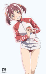 Rule 34 | 1girl, artist logo, artist name, brown eyes, brown hair, buruma, dated, food, gluteal fold, grin, gym uniform, hair ornament, hair scrunchie, highres, holding, holding food, isshiki akane, jacket, leaning to the side, logo, looking at viewer, miyahara takuya, orange scrunchie, red buruma, red jacket, scrunchie, short hair, short twintails, signature, smile, solo, standing, tomato, track jacket, twintails, vividred operation, zipper