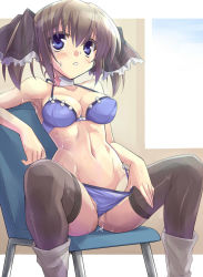 00s 1girl bad_id bad_pixiv_id bikini blue_eyes blush boots bra breasts brown_hair chair cleavage eeeeee female_focus groin lingerie navel panties panty_pull pussy_juice seitokai_no_ichizon shiina_minatsu solo sweat swimsuit thighhighs underwear