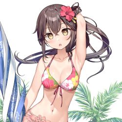 Rule 34 | 1girl, absurdres, arm up, armpits, bikini, blush, breasts, brown hair, cleavage, closed umbrella, collarbone, floral print, flower, hair between eyes, hair flower, hair ornament, halterneck, highres, kantoku, long hair, looking at viewer, medium breasts, navel, open mouth, otonari-san (sasaki to p-chan), palm tree, print bikini, sarong, sasaki to p-chan, simple background, solo, standing, string bikini, swimsuit, tree, umbrella, upper body, white background, yellow eyes