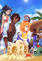 2boys 3girls :d :| absurdres ahoge alternate_costume animal_ears apron arjuna_(fate) arjuna_alter_(fate) beach bikini black_choker black_eyes black_hair black_shorts blue_eyes bucket buried canopy_(shelter) choker closed_mouth cloud colored_eyelashes crab crop_top crossed_arms curly_hair dark-skinned_female dark-skinned_male dark_skin day delonix_regia detached_sleeves fate/grand_order fate_(series) feet_out_of_frame flower food fruit fujimaru_ritsuka_(female) green_hair hair_between_eyes hair_flower hair_ornament heart-shaped_mouth highres hood hoodie jewelry kneeling con_(fate) kupikuuu leaning_forward long_hair looking_at_another looking_at_object looking_back medium_hair multicolored_hair multiple_boys multiple_girls no_shirt open_clothes open_hoodie open_mouth orange_hair palm_tree pants parted_lips pendant pink_pupils plate plate_stack ponytail pot purple_apron red_flower sand_castle sand_sculpture sarong see-through_clothes see-through_sleeves shirt short_hair shorts shovel sleeveless sleeveless_shirt smile squatting standing steam streaked_hair sunlight swept_bangs swimsuit table taj_mahal tree trung_nhi_(fate) trung_trac_(fate) watermelon white_hoodie white_pants yellow_eyes yellow_flower yellow_shirt