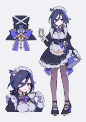 1girl absurdres alternate_costume apron black_dress black_shoes blue_bow blue_hair bow clorinde_(genshin_impact) commentary corset dress enmaided genshin_impact gloves high_heels highres juliet_sleeves long_sleeves looking_at_viewer maid maid_headdress multicolored_hair multiple_views pantyhose puffy_sleeves purple_eyes purple_hair shoes short_hair sikaku streaked_hair waist_apron white_apron white_gloves