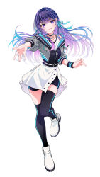 1girl aqua_ribbon black_choker black_shorts black_thighhighs blue_hair boots choker collarbone drawstring full_body gradient_hair grey_jacket hair_ribbon head_tilt high_heel_boots high_heels highres idolmaster idolmaster_va-liv jacket kamizuru_cosmo long_hair looking_at_viewer multicolored_hair muto_(n0sug4r) official_art open_mouth purple_eyes purple_hair reaching reaching_towards_viewer ribbon shirt shorts sidelocks skirt solo thighhighs virtual_youtuber white_background white_boots white_shirt white_skirt wristband