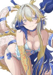 Rule 34 | 1girl, absurdres, arknights, bare shoulders, blonde hair, blue bra, blue choker, blue eyes, blue hair, blue panties, blush, bra, breasts, choker, cleavage, closed mouth, collarbone, colored extremities, colored skin, dragon girl, dragon horns, dragon tail, eyeshadow, front-tie bra, highres, horns, ken (shutenndouji1), long hair, looking at viewer, makeup, medium breasts, multicolored hair, panties, pointy ears, red eyeshadow, ribbon, shu (arknights), side-tie panties, simple background, solo, streaked hair, tail, tail ornament, tail ribbon, underwear, underwear only, very long hair, white background, white hair, yellow skin
