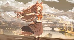 1girl absurdres animal_ears arknights braid bridge brown_hair building character_request closed_eyes cloud commentary_request falling_paper hair_lift highres long_hair neckerchief open_mouth outdoors outstretched_arms pleated_skirt red_neckerchief scenery school_uniform serafuku shale skirt sky smile solo spread_arms thighhighs water