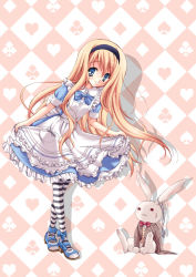 1girl alice_(alice_in_wonderland) alice_in_wonderland apron argyle_background argyle_clothes black_&amp;_white blonde_hair blue_dress blue_eyes bow club_(shape) crossed_legs curtsey diamond_(shape) diamonds dress female_focus hairband heart lolita_fashion long_hair mary_janes pantyhose patterned_legwear pocket_watch shoes skirt_hold smile solo spade_(shape) standing striped_clothes striped_pantyhose stuffed_animal stuffed_rabbit stuffed_toy sweet_lolita tareme watch watson_cross white_rabbit_(alice_in_wonderland) yukiwo