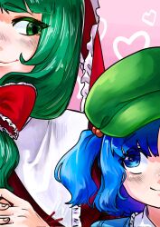 Rule 34 | 2girls, blue eyes, blue hair, bow, frilled bow, frilled ribbon, frills, front ponytail, green eyes, green hair, green headwear, hair bow, hair ribbon, height difference, highres, kagiyama hina, kawashiro nitori, lovelobten, medium hair, multiple girls, pink background, red bow, ribbon, smile, touhou, two side up, upper body, yuri