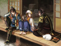 Rule 34 | armor, barefoot, beret, black hair, cat, coattails, hat, japanese clothes, kimono, kuroda kanbei, male focus, mouri motonari, porch, sengoku musou, sitting, smile, takenaka hanbei