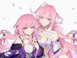 Rule 34 | 2girls, bell, blue eyes, breasts, chinese commentary, coat, color connection, commentary request, company connection, corset, cyrene (honkai: star rail), diamond-shaped pupils, diamond (shape), dress, elysia (herrscher of human: ego) (honkai impact), elysia (honkai impact), falling petals, hair color connection, haruka (rsyaooooo), highres, honkai: star rail, honkai (series), honkai impact 3rd, inoue marina, jewelry, large breasts, light smile, long hair, medium hair, multicolored hair, multiple girls, necklace, petals, pink hair, pink pupils, purple coat, purple eyes, small breasts, symbol-shaped pupils, triquetra, two-tone hair, very long hair, voice actor connection, white corset, white dress, white hair, yanning