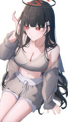 Rule 34 | 1girl, absurdres, alternate costume, black hair, blue archive, blush, bra, breasts, cleavage, closed mouth, grey bra, grey jacket, grey shorts, hair ornament, hairclip, halo, hand in own hair, highres, jacket, large breasts, leonardo 566, long hair, looking to the side, navel, open clothes, open jacket, red eyes, red halo, rio (blue archive), shorts, solo, underwear