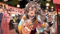 Rule 34 | 1girl, absurdres, ahoge, animal ears, belt collar, black collar, black hair, black nails, blue kimono, choripan, closed eyes, collar, colored tips, festival, fish, goldfish, grey hair, hair between eyes, hair ornament, highres, holding, indie virtual youtuber, japanese clothes, kimono, long hair, market stall, multicolored hair, multicolored kimono, night, night sky, obi, obijime, open mouth, pink kimono, pov, pov hands, purple sash, sash, sea slug girl, second-party source, sky, smile, umi runa (vtuber), virtual youtuber, yellow kimono